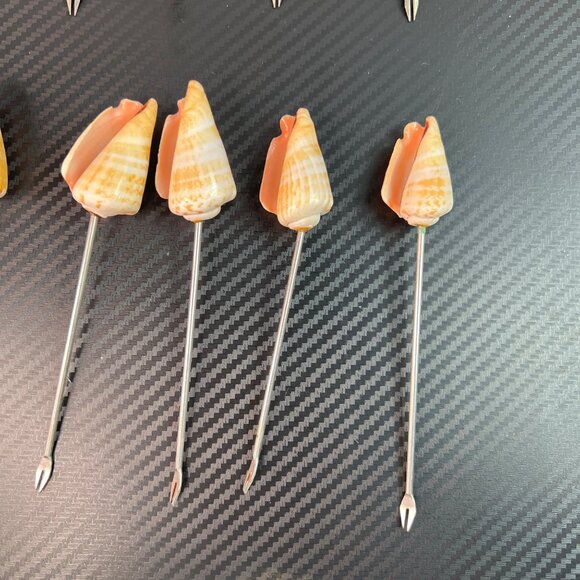 Set Of 12 Natural Seashell Cocktail Skewers MCM Silver Tone Metal Appetizer - Picture 8 of 12